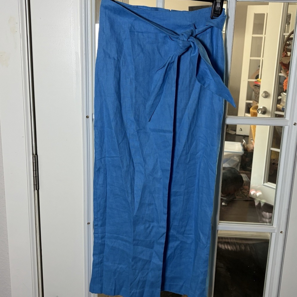 Mango Blue 100% Linen Tie Front Midi Wrap Skirt NWT Coastal Preppy Wrap XXS